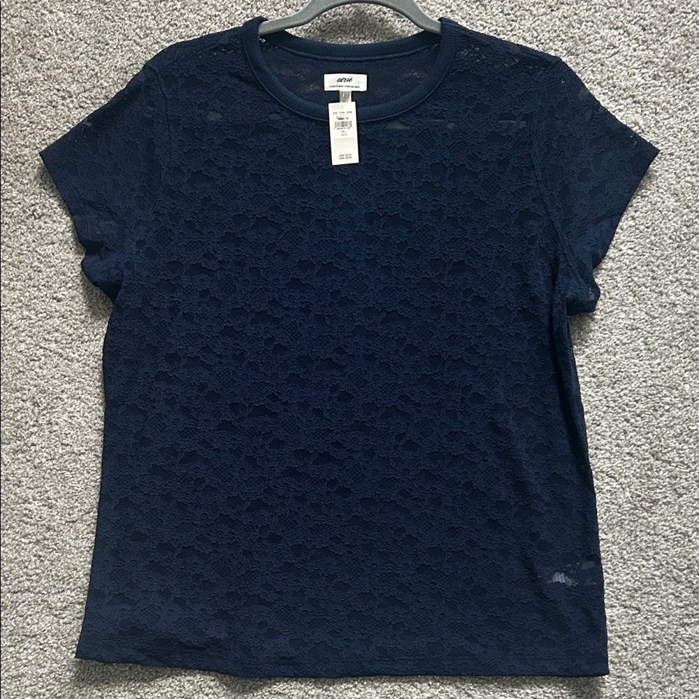 Aerie Women’s Size Large Dark Blue Navy Lace Sheer Short Sleeve Top NWT!!